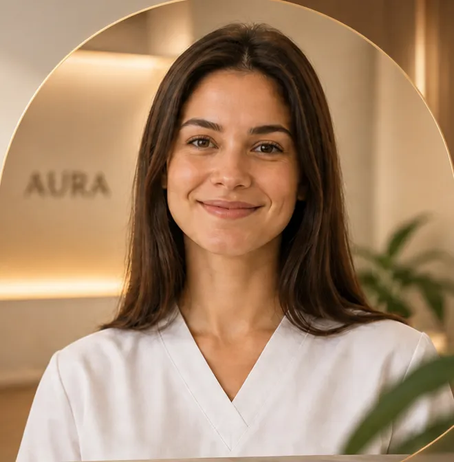 Profissional da clínica sorrindo, de jaleco branco, na recepção