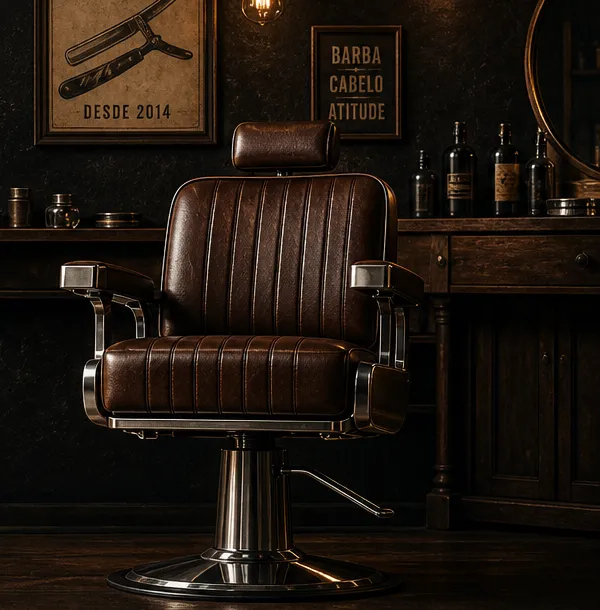 Cadeira de barbeiro de couro marrom numa barbearia vintage