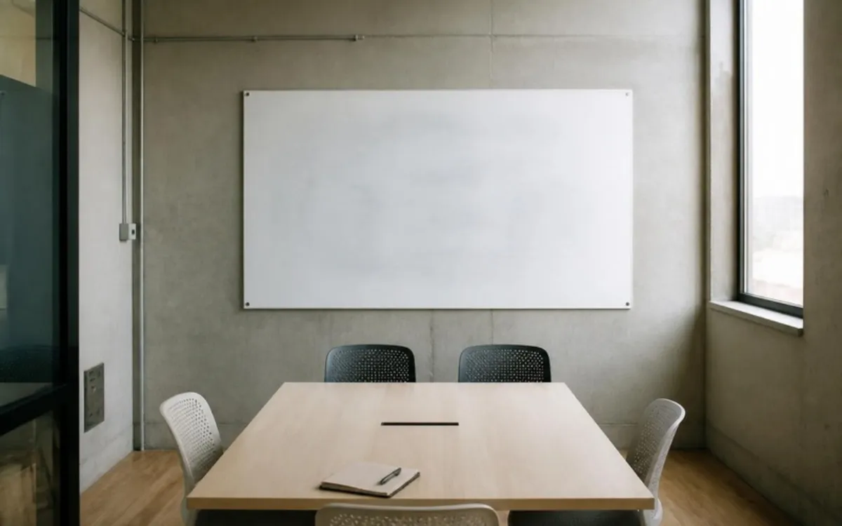 Sala de reunião com mesa clara, cadeiras e quadro branco