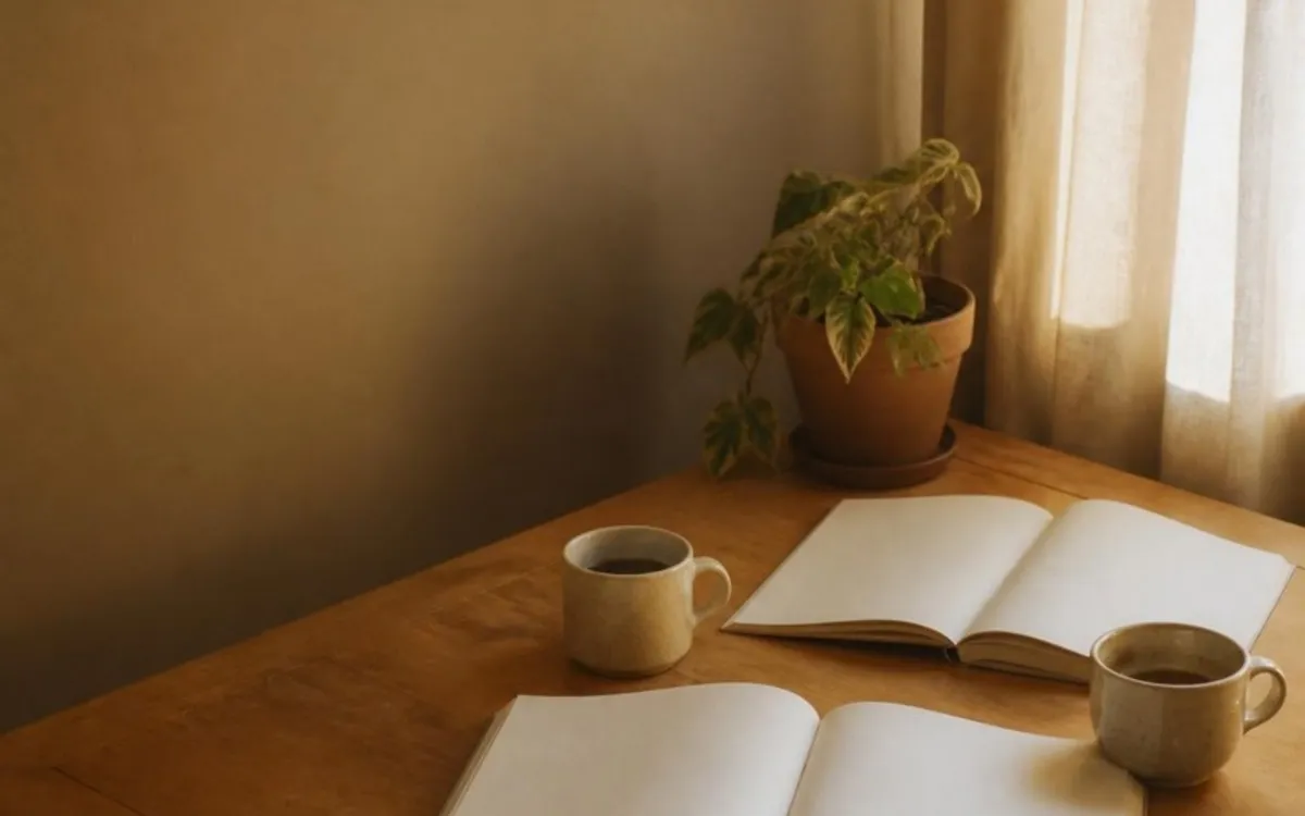 Mesa de madeira com cadernos abertos em branco e duas xícaras de café
