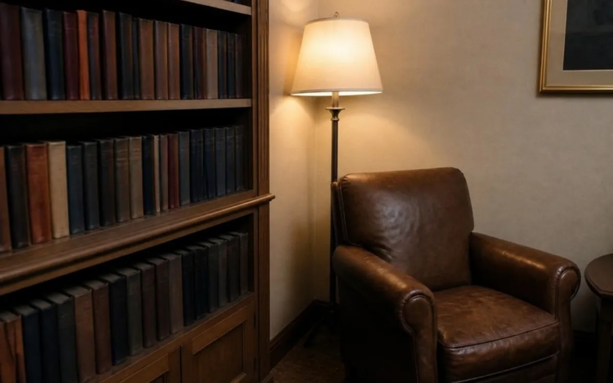 Poltrona de couro ao lado de uma estante de livros e um abajur aceso