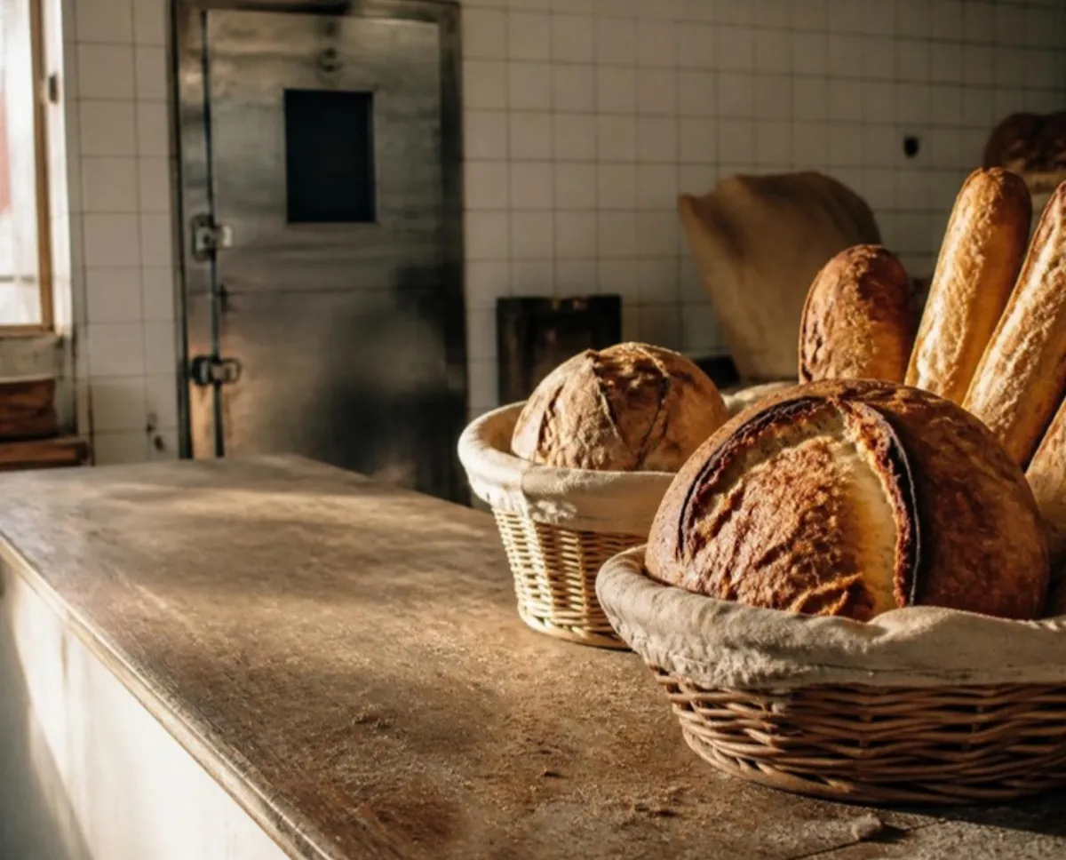 Pães rústicos em cestos de vime sobre um balcão de padaria